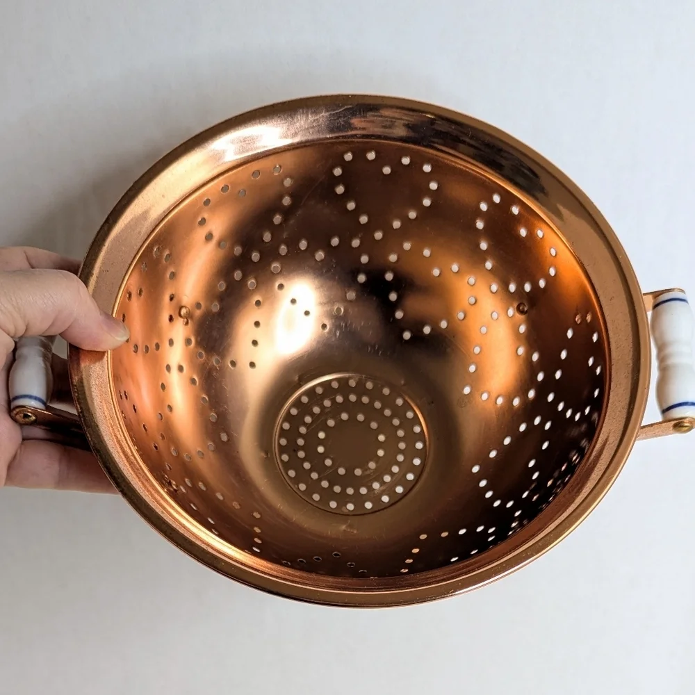 Vintage Teleflora Copper Collander Heart Shape Holes White Porcelain Handles